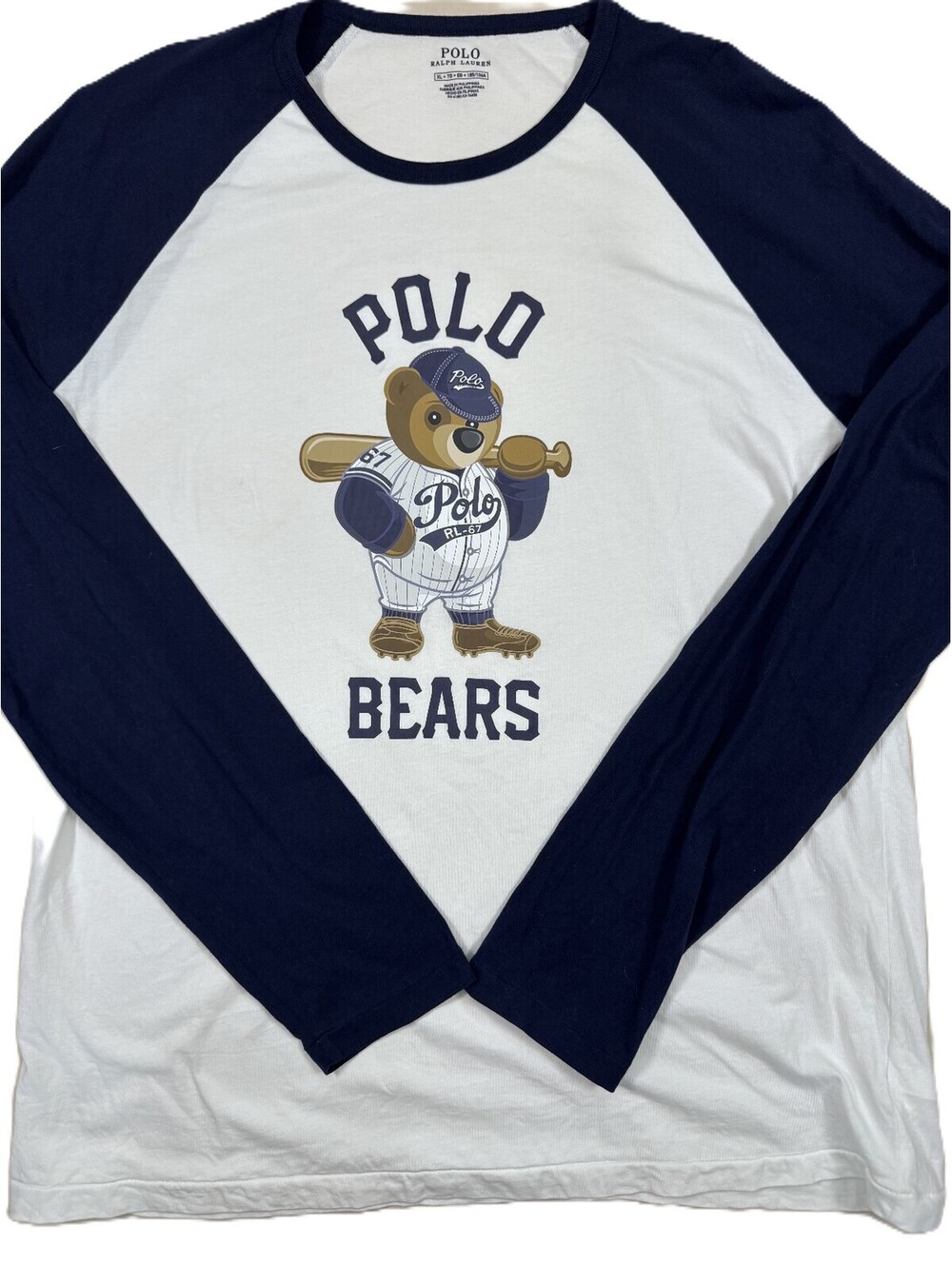 Polo Ralph Lauren Men's Long Sleeve Shirt XL White Navy Blue Polo Bear Baseball